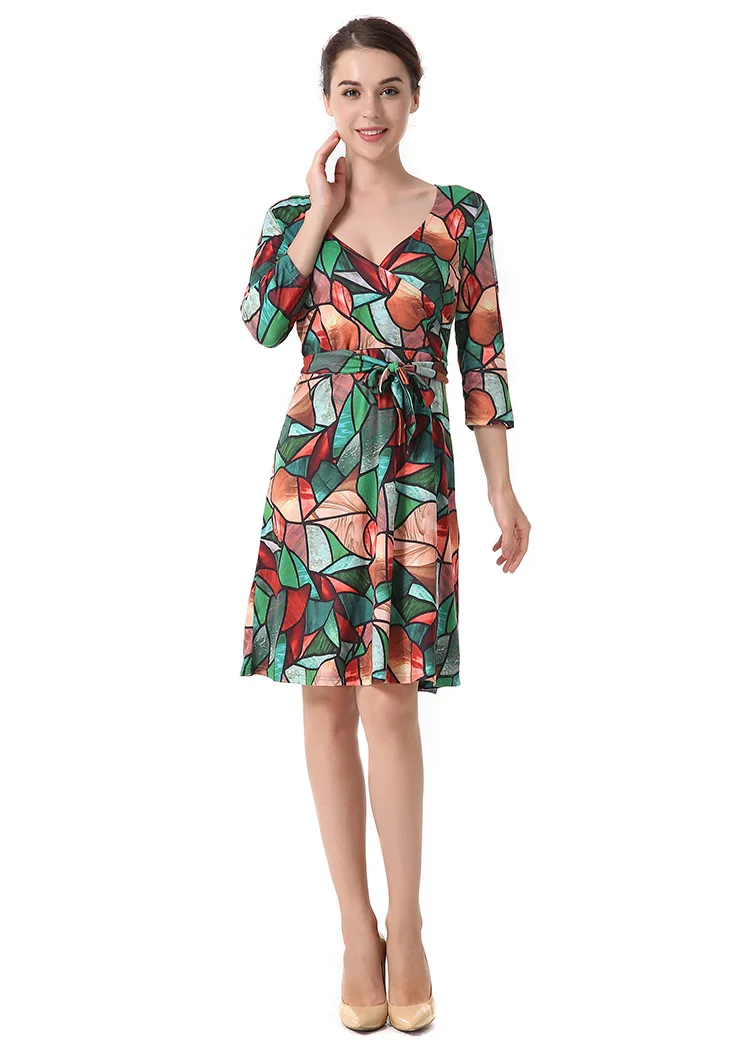 New Casual Fashion Women Summer Mini Dresses Solid V-Neck 3/4 Sleeve Elegant A-Line Dress With Belt AB411