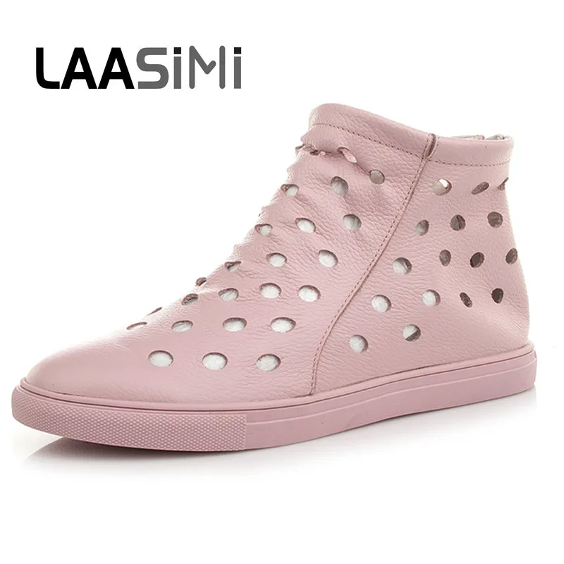 

LAASIMI Designer Brand Cut-outs Women Boots Genuine Leather Solid Cow Leather Flat Boot Summer Autumn Zip Ankle Boots Shoes