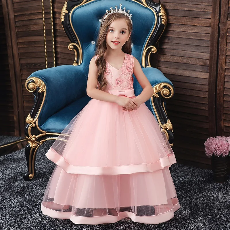 

Flower boy romantic wedding party long Decal V-neck dress girl Princess Christmas party ball communion formal V-neck dress