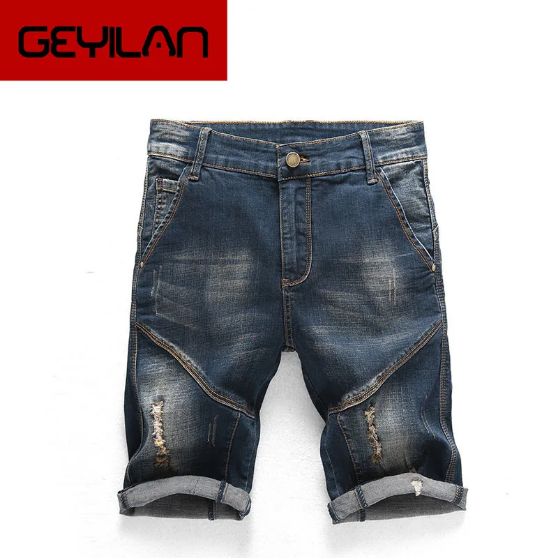 

Spring and Autumn New Five-point Hole jeans Men's Slim Stretch Retro Blue Hole Stitching Denim Shorts More size 28-36 38
