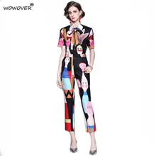 

Elegant Cartoon Print Suit Summer Women Runway Two Piece Set Fashion Short Sleeve Shirt and Pants Set Vintage Sweet Outfits