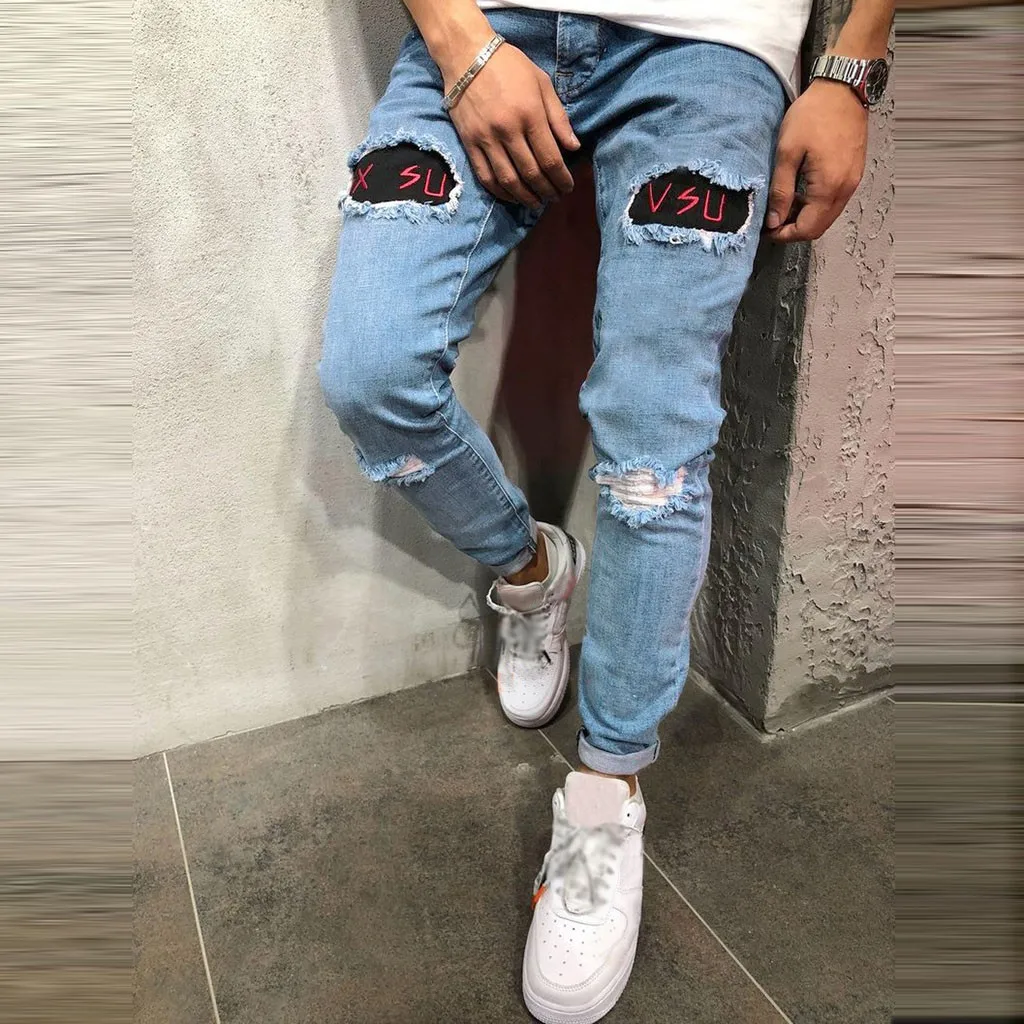 Хлопковые джинсы весна MenClothes из джинсовой ткани и хлопковой подкладкой для мальчиков, рваные карманы, искусственно состаренные Брюки повседневные штаны рваные, Стретч Джинсы 8,13