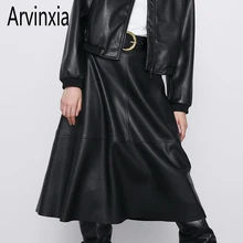 Arvinxia ZA Элегантная черная юбка миди из искусственной кожи с ремнем Faldas Mujer дамская юбка с большими карманами Vestidos Повседневная Лоскутная юбка