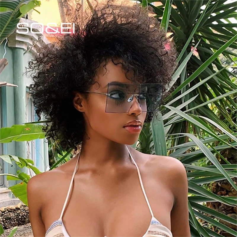 

SO&EI Oversized Square Woman Sunglasses Vintage Rimless Clear Ocean Lens Eyewear Female Retro Sun Glasses Shades Oculos De Sol