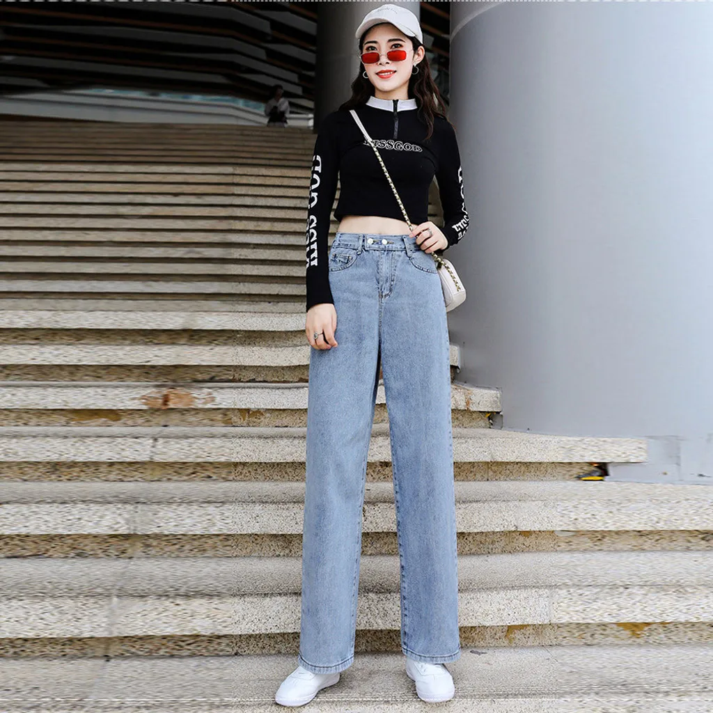 Широкие брюки осень винтажные весенние корейские брюки полиэфирные свободные прямые широкие джинсы повседневные женские брюки