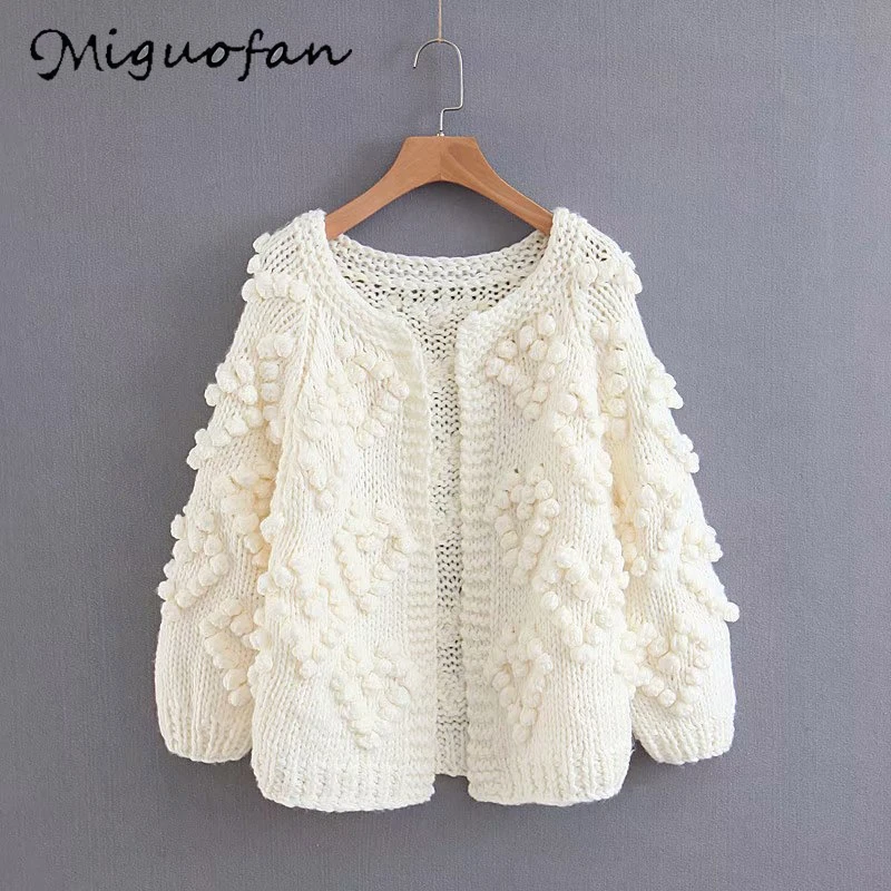 Miguofan, свободные, женские, вязаные кардиганы, негабаритный, с рукавом-фонариком, вязанный крючком джемпер, Осень-зима, Женский вязаный кардиган, пальто - Цвет: Белый