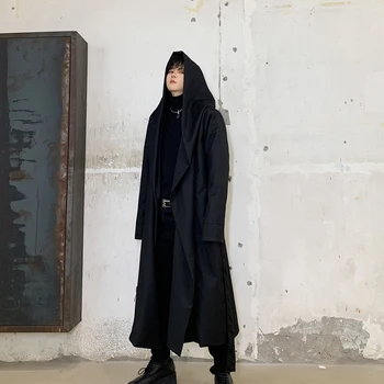 

Men Japan Streetwear Hooded Trench Coat Male Women Punk Gothic Cloak Cardigan Jacket Outerwear Halloween Stage Clothing