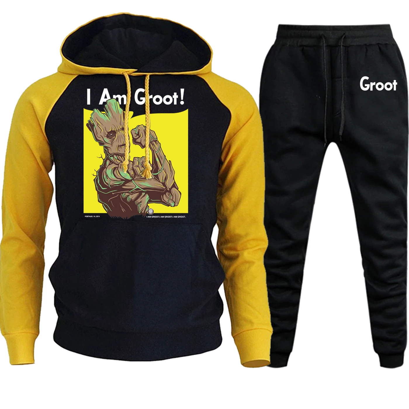 I AM GROOT забавная хип-хоп Уличная одежда реглан для мужчин с капюшоном Осень Зима повседневные Пуловеры флисовые толстовки+ брюки комплект из 2 предметов