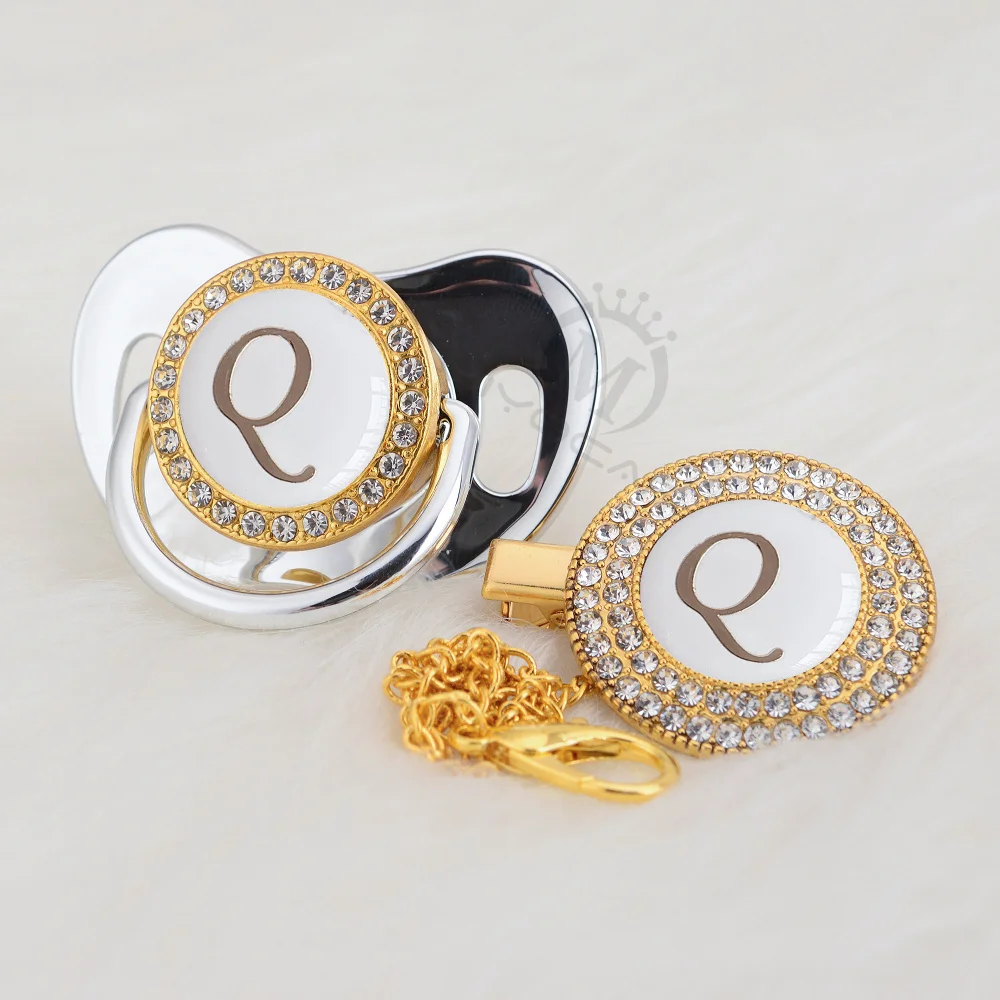 BLING имя инициалы письмо Q Прекрасный Серебряный bling соска и соска клип BPA бесплатно пустышка bling уникальный дизайн LQ-W - Цвет: LQ-9-W   6-18m