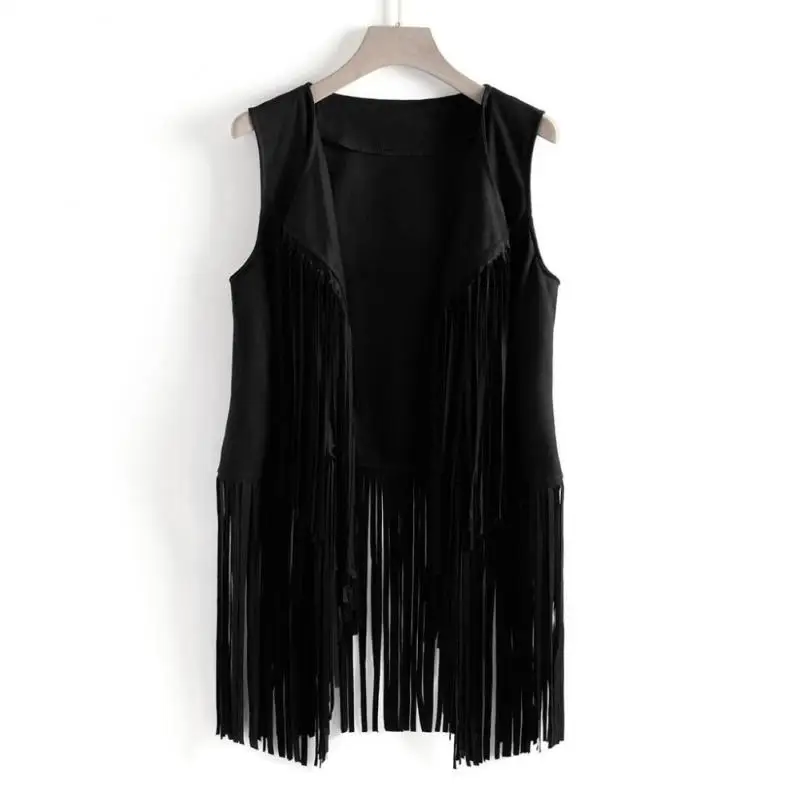 Women's Fringed Vest Jacket Fashion Fall Winter Suede Ethnic Sleeveless Fringed Vest Cardigan Vintage Faux Tassel  Coat Black summer backless one piece outfit casual sleeveless sexy black rompers bodycon high waist hip pants jumpsuits for women overall