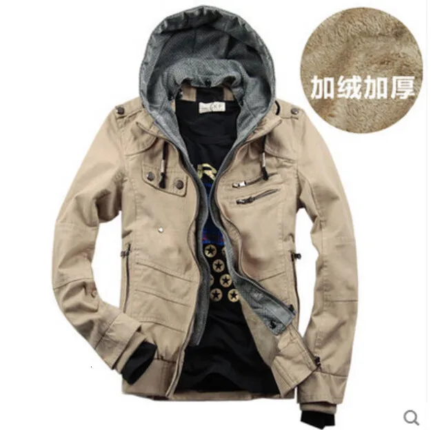 khaki with velvet Мужская зимняя куртка, верхняя одежда для мужчин, Повседневная Джинсовая Верхняя одежда с капюшоном, куртки, осенне-зимнее пальто, зимние теплые куртки, пальто - Цвет: khaki with velvet