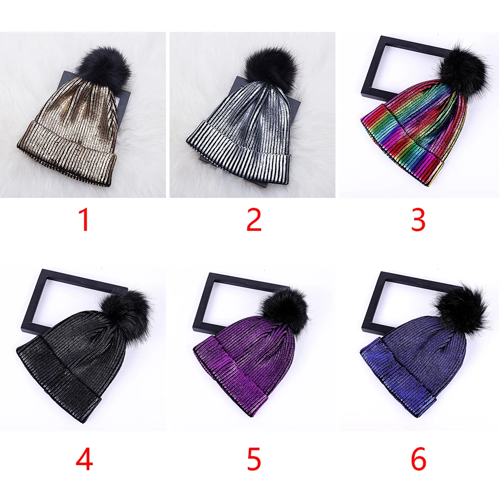 1 шт., осенняя женская вязаная шапка, зимняя, металлическая, для девочек, вязаная, блестящая, шапочка, блестящая, одноцветная, шапочка с помпоном, ветрозащитная, Новинка