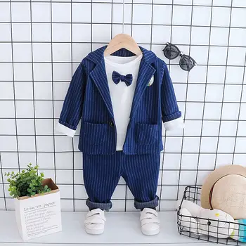 

Spring Children Kid Tie Blazer Formal Cotton gentleman wedding Casual Boy Suits Jackets T-Shirt Pants 3pcs/sets Infant Clothes