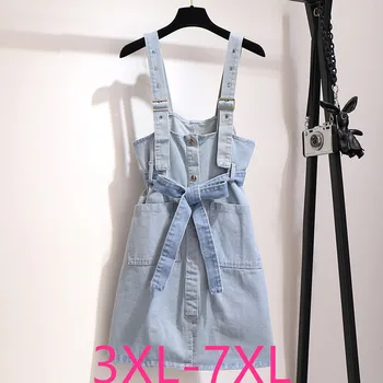 

2020 spring autumn plus size strap dress for women large sleeveless loose casual denim sling short dresses blue 4XL 5XL 6XL 7XL