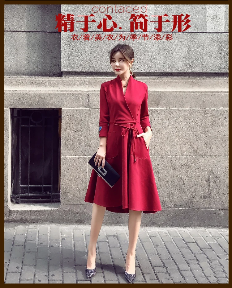 Dress Winter Korean-style New Style Fashion Long Sleeve WOMEN'S Dress V-neck Slim Fit Big Skirt