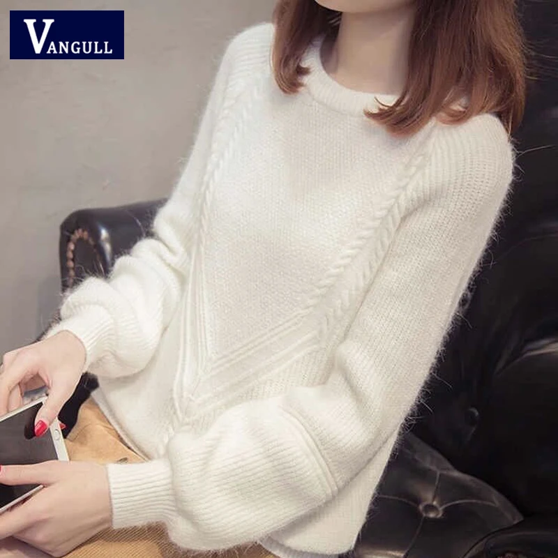 White Vangull Женский вязаный свитер Весна Осень эластичный Однотонный свитер женский вязаный свитер с длинным рукавом и круглым вырезом женские пуловеры - Цвет: White