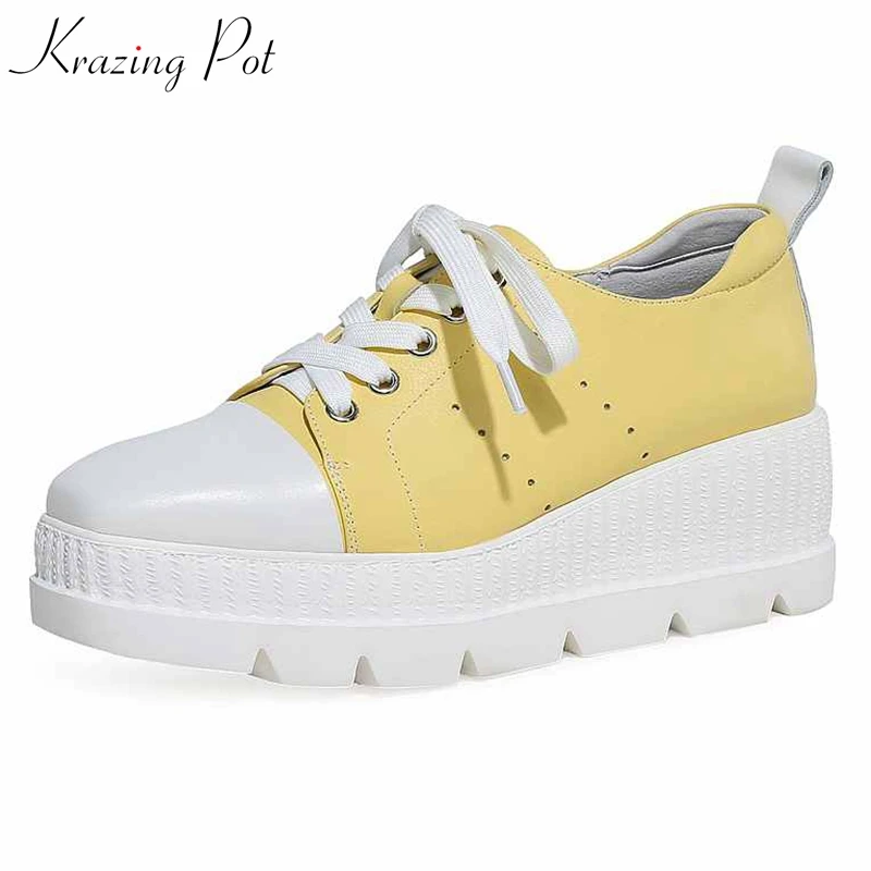 

Krazing Pot natural leather breathable brand shoes wedges round toe platform casual lace up mixed color vulcanized shoes L1f8