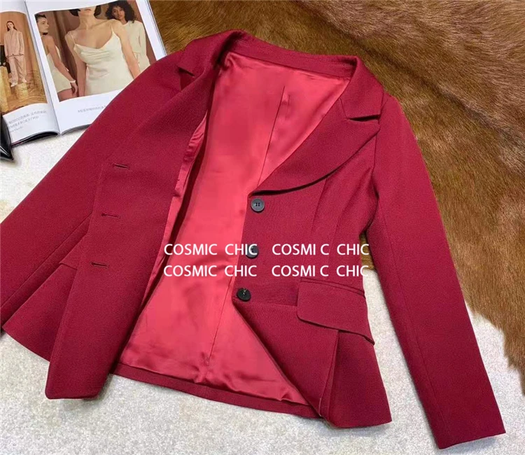 Cosmicchic Women Solid Wool Blazer Runway Design Long Sleeve Pocket Lady Jacket Single Breasted Red Chic Blazer Office Wear