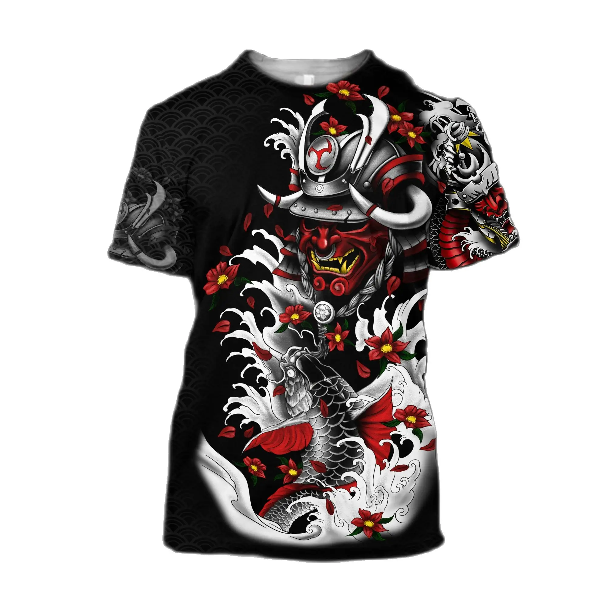 Футболка мужская с 3D-принтом красивая тенниска рисунком самурая тату карпа