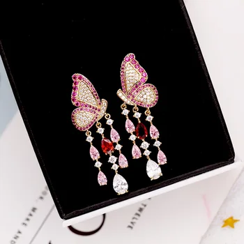 

Beilan 2020 New High Quality Butterfly Tassel Earrings for Women Fashion Colorful Cubic Zircon Rhinestone Drop Earring YEA331