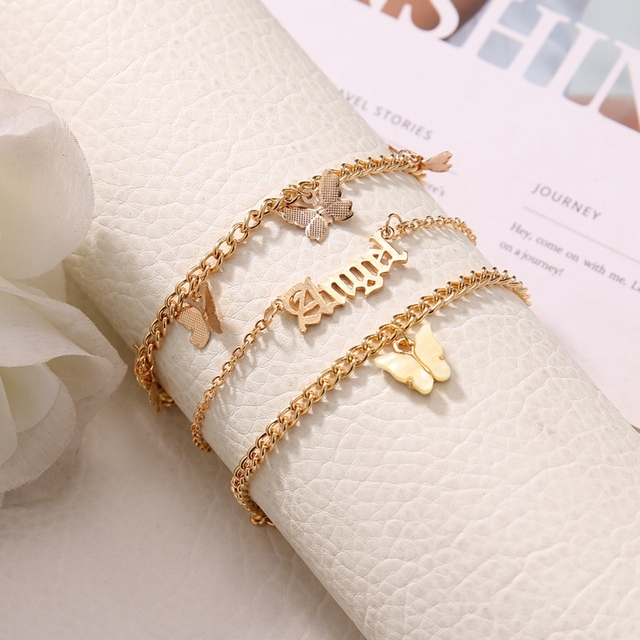 Pink Butterfly Anklets Set For Women Cute Gold Letter Angel Chain Anklet Foot Ankle Bracelet Summer Beach Jewelry