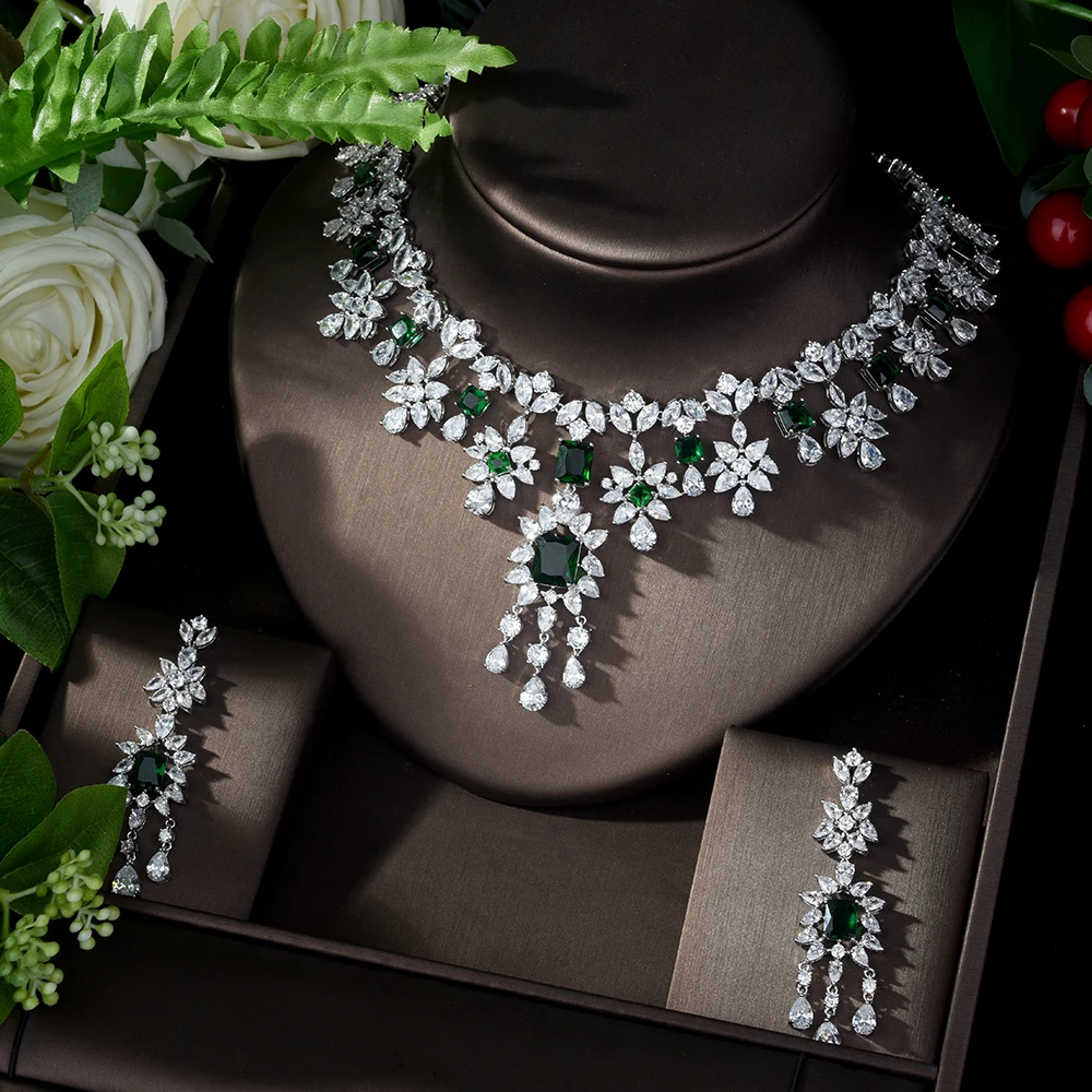

HIBRIDE New Arrival Cubic Zircon Wedding Jewelry Sets Green Color Square Shape Women Party Accessories pendientes mujer N-277