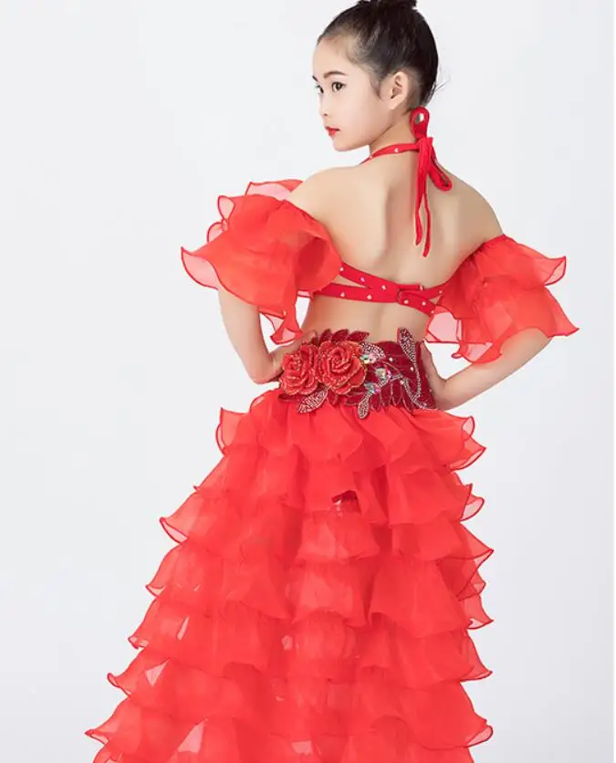 Red Long Professional Belly Dance Skirts For Girl Outfit Costume Belly Dance Top Dance Costumes Clothes(S, Hot Pink) Fairy 3 Piece Set - Цвет: Red Long