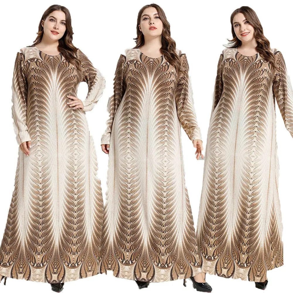 

Ramadan Women Muslim Long Sleeve Abaya Kaftan Maxi Dress Vintage Dubai Turkey Ladies Loose Casual Robe Printed Clothing Plus New