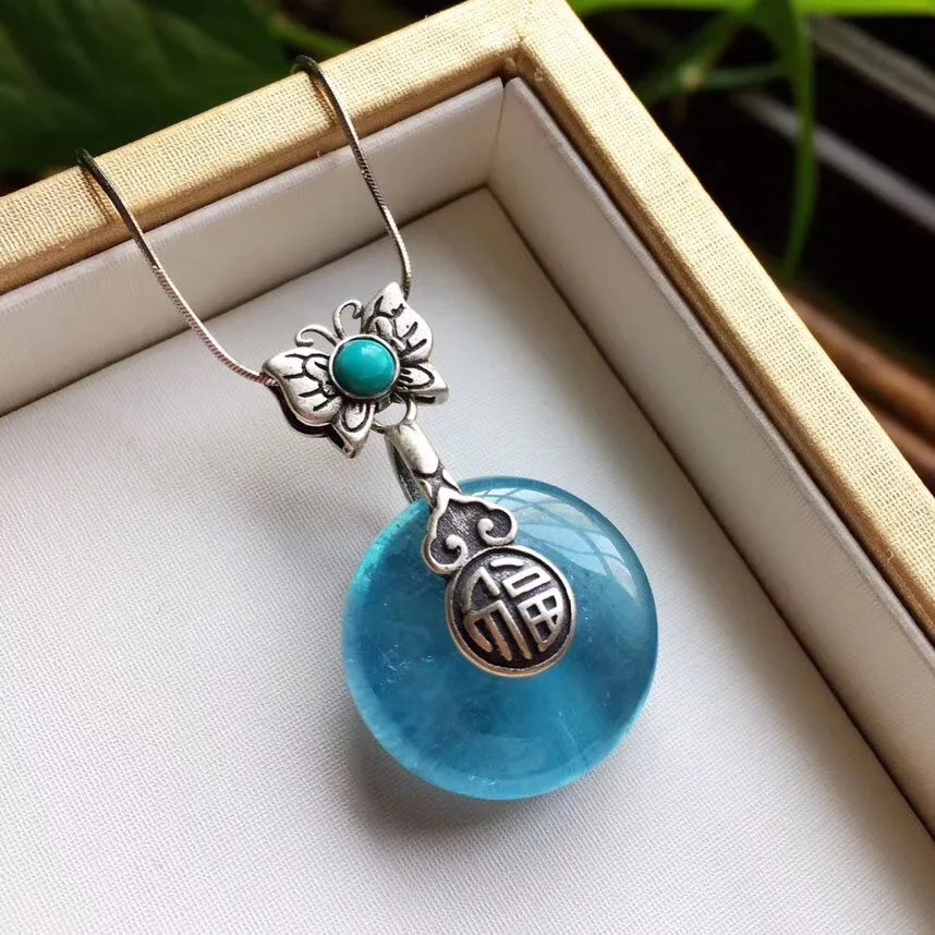 

Natural Blue Aquamarine Peace Buckle Pendant Necklace For Woman Man Crystal 21.6x9.7mm Beads Butterfly Silver Jewelry AAAAA