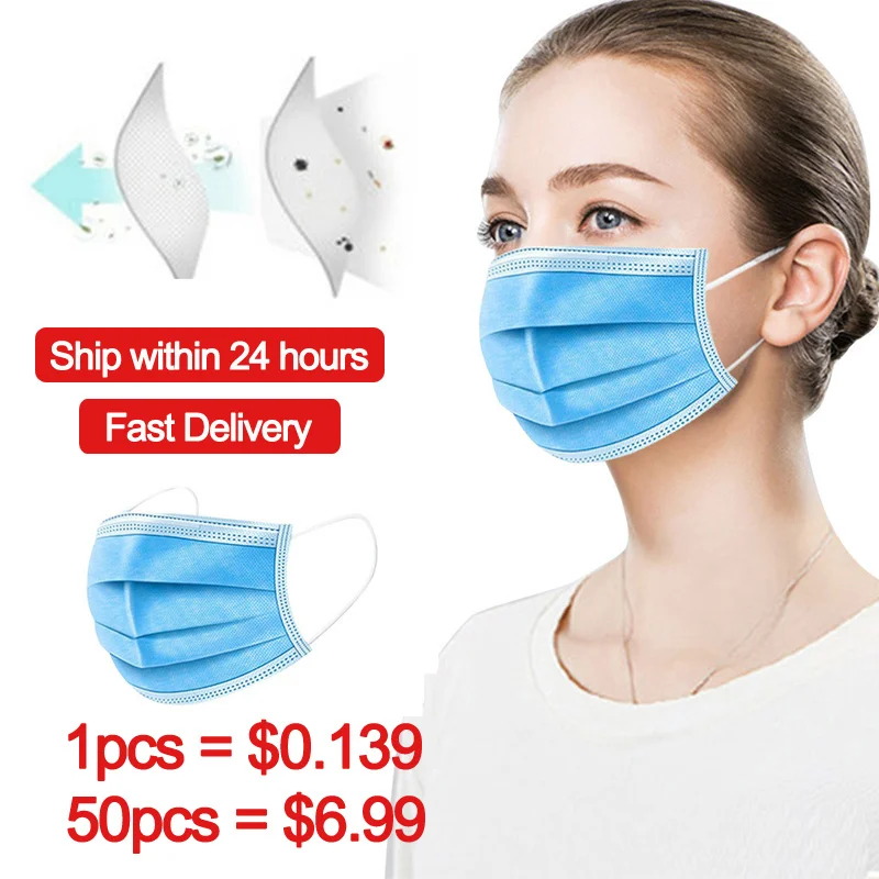 

In Stock 24 Hours Fast Ship 3-layer M-a-s-k 50pcs Faceshield Scarf Non Woven Disposable Antidust Facemaska Earloops Mascarilla