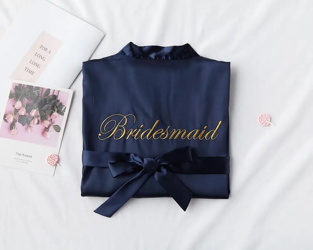 Вышитый свадебный халат цвета шампанского, атласный женский халат-кимоно, сексуальная одежда для сна, халат для подружки невесты, Повседневная Ночная рубашка - Цвет: Navy Blue Bridesmaid