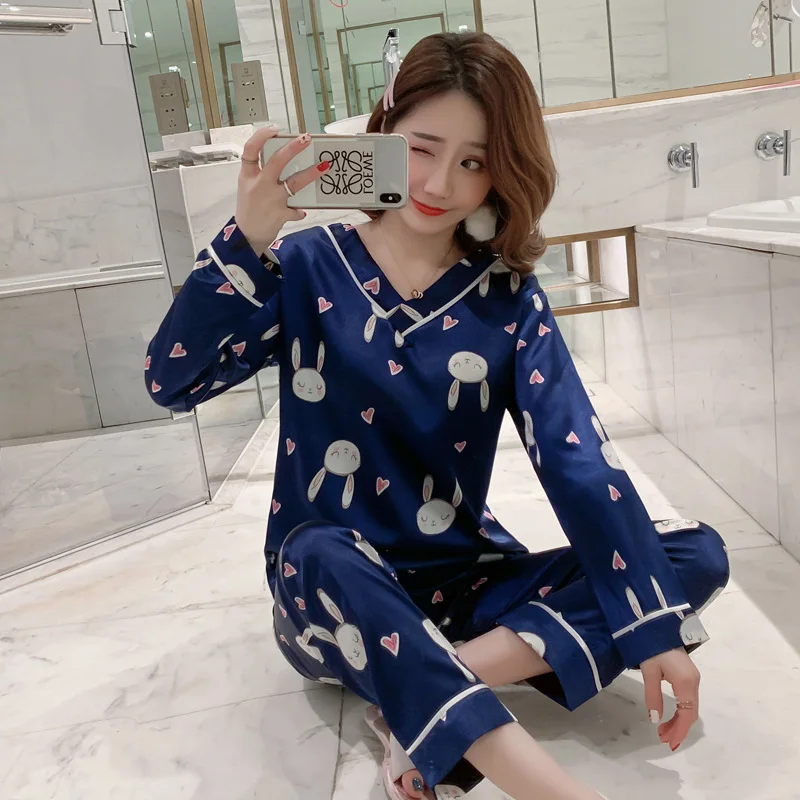 

6 # Pajamas Women's New Style Autumn Pullover V-neck Printed Rabbit Imitated Silk Fabric Casual Cute Cartoon Autumn Long Sleeve