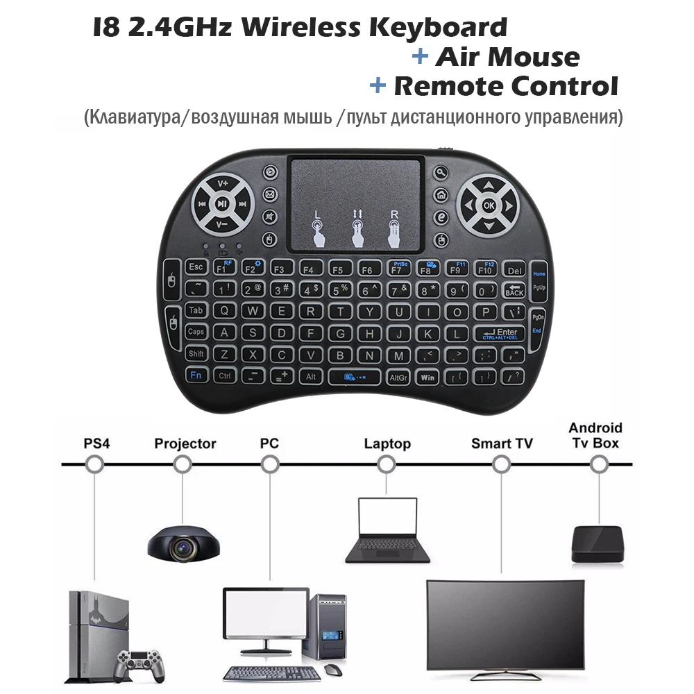 Клавиатура Mecool air mouse с дистанционным управлением i8 подсветкой мини английская