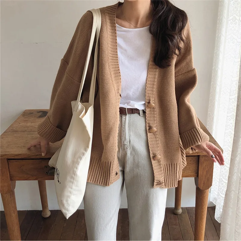 

New Brown Oversize Women's Sweaters Autumn Winter Vintage V Neck Cardigans Single Breasted Puff Sleeve Loose Cardigan women warm
