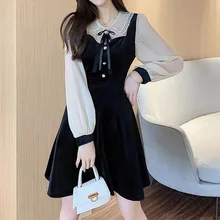 

2022 Spring Vintage Velvet Black Dress Women's Sweat Midi dresses Chiffon Korean Fashion Elegant dresses Female Clothes Za 2021