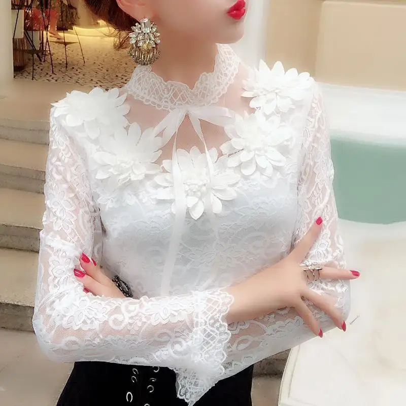 Korean Style Women Shirts Lace Long Sleeve Sweet Floral Hollow Female Bow Mesh Blouses 2022 Fashion Spring Bottoming Tops Autumn