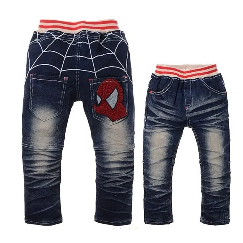 Джинсы с изображением Человека-паука, джинсовые штаны для мальчиков, Детские хлопковые повседневные длинные синие штаны, Осенние штаны для больших мальчиков, принт Человека-паука, детские джинсы - Цвет: Синий