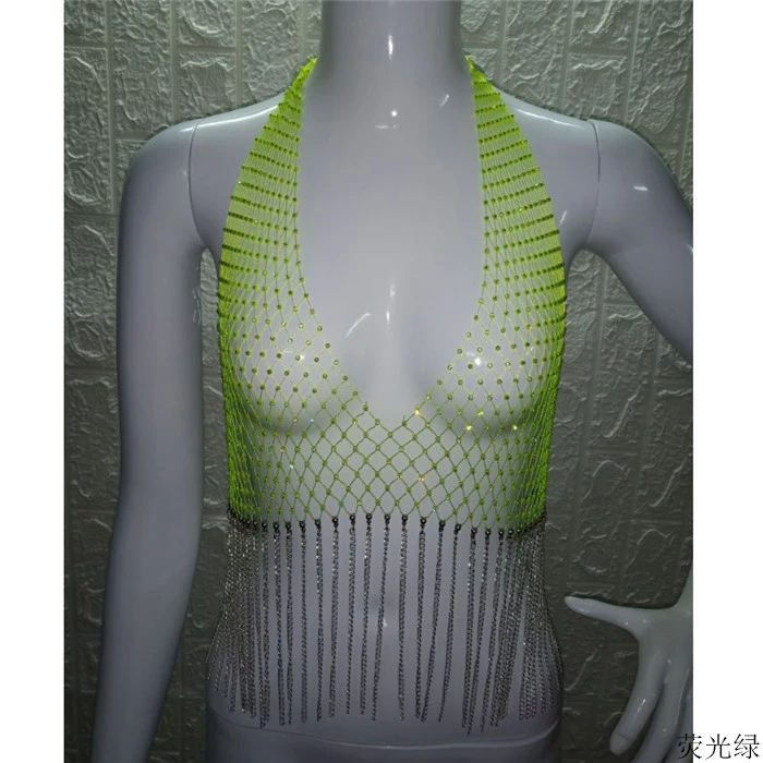 Блестящая СТРАЗА в сеточку Camis Женская Глубокий v-образный Вырез Холтер топик без спинки Camis Летняя мода сексуальное платье для вечеринки кисточка Camisole - Цвет: Neon Green