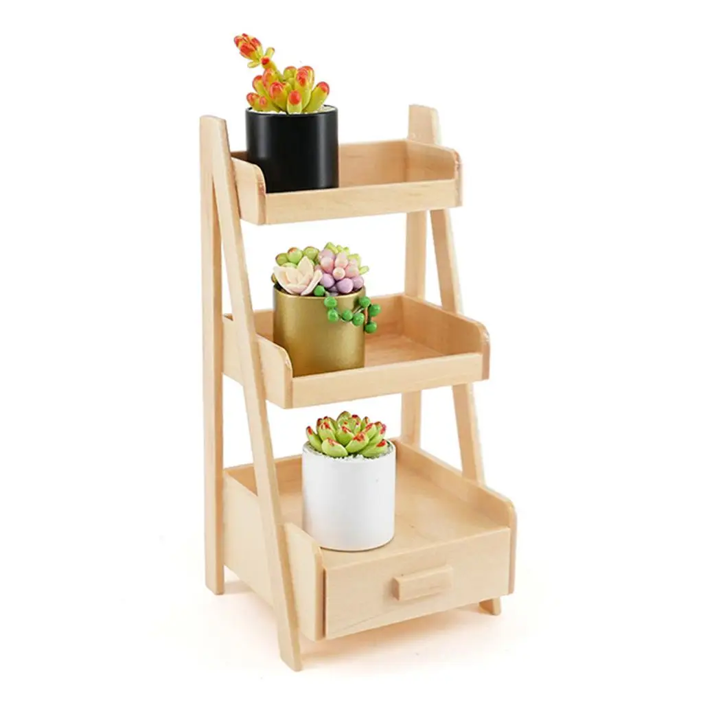 Retro Three Layer Wood Flower Stand Snack Rack 1/12 Doll House Miniatures Accessories Kids Toy