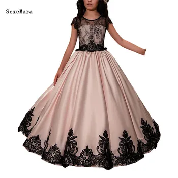 

Flower Girl Dress Children for Wedding Kids Pink Satin Black Lace Gowns Girl Boutique Party Wear Elegant Frocks