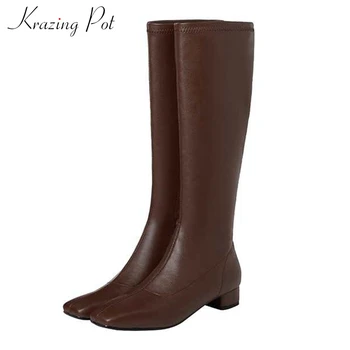 

Krazing pot cow leather square toe keep warm riding boots zipper high quality med heels brand handsome thigh high boots L6f5