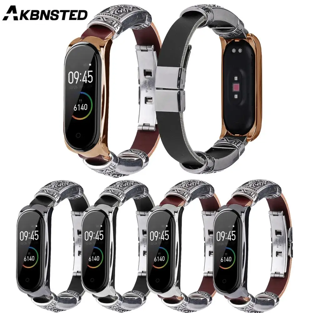 Кожаный сменный ремешок AKBNSTED в стиле ретро для смарт браслета Xiaomi Mi Band 4