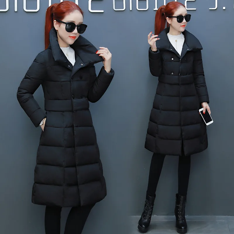 

Large Size Cotton-padded Clothes Plus-sized Womenswear Size Solid Color Stand Collar dou peng xing Fashion Cotton Coat Mid-lengt