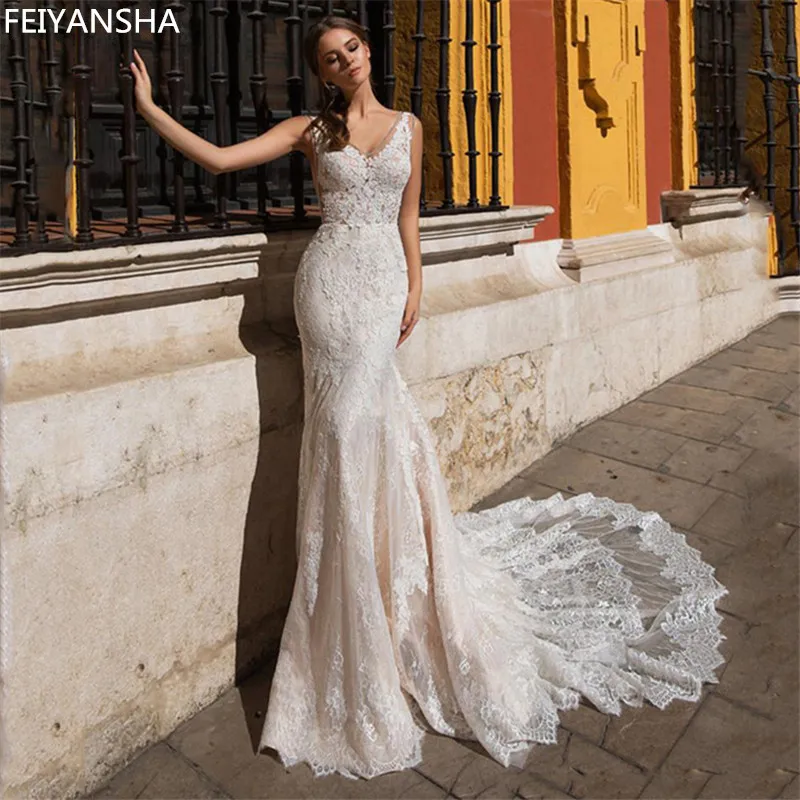 Boho кружевные свадебные платья 2019 Русалка/Труба V шеи праздничные платья на заказ сделанные длинные Шлейфы для свадебных платьев