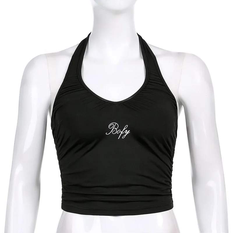 E-girl Aesthetics Ruched Backless Halter Tops women Y2K Streetwear Letter Embroidered Sleeveless Black Tank Tops Gothic Vests white bra