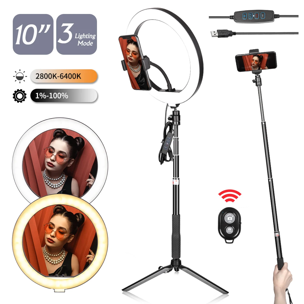 

10inch/26cm LED Ring Light Photography LED Video Light With 2 in 1 Tripod and Phone Holder For YouTube Makeup Video USB