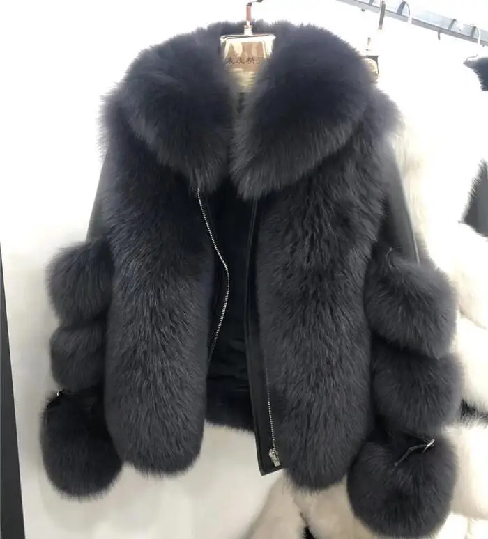 Iron gray Модная женская шуба из натурального меха, короткая стильная шуба из натуральной кожи, шуба из лисьего меха высокого качества, зимняя теплая шуба из большого лисьего меха - Цвет: Iron gray
