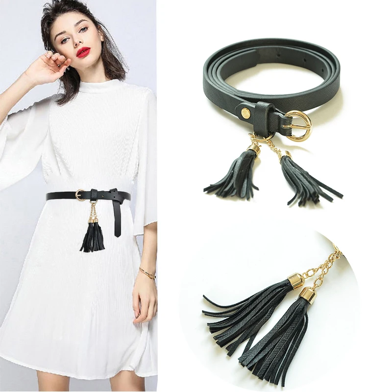 

Retro Tassel Ladies 2cm Thin Belt Fashion Exquisite Casual Pin Buckle Imitation Leather Thin Belt