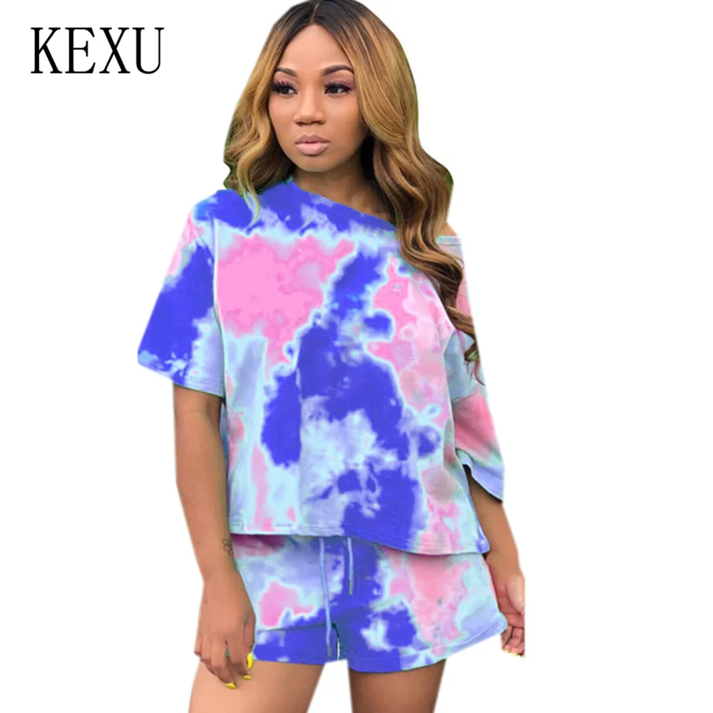 

KEXU Casual Vintage Ptint Two Pieces Sets Short Sleeve O-neck Playsuits Summer Overalls Female Jumpsuits Plus Size XXL Mujer