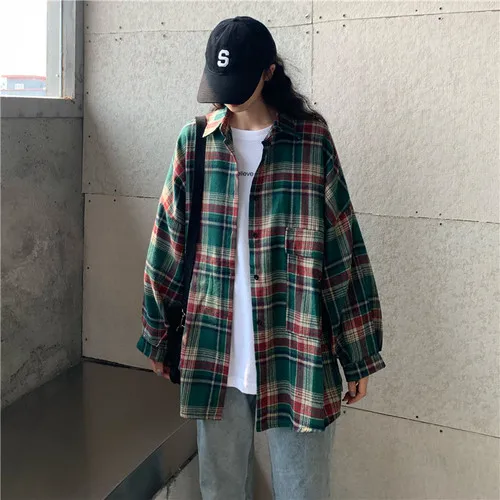 

Vintage Plaid Pocket Simpe College Wind Street 2019 New Arrival Hot Sale Basic Female Women Turn Down Collar Long Sleeve Shirts